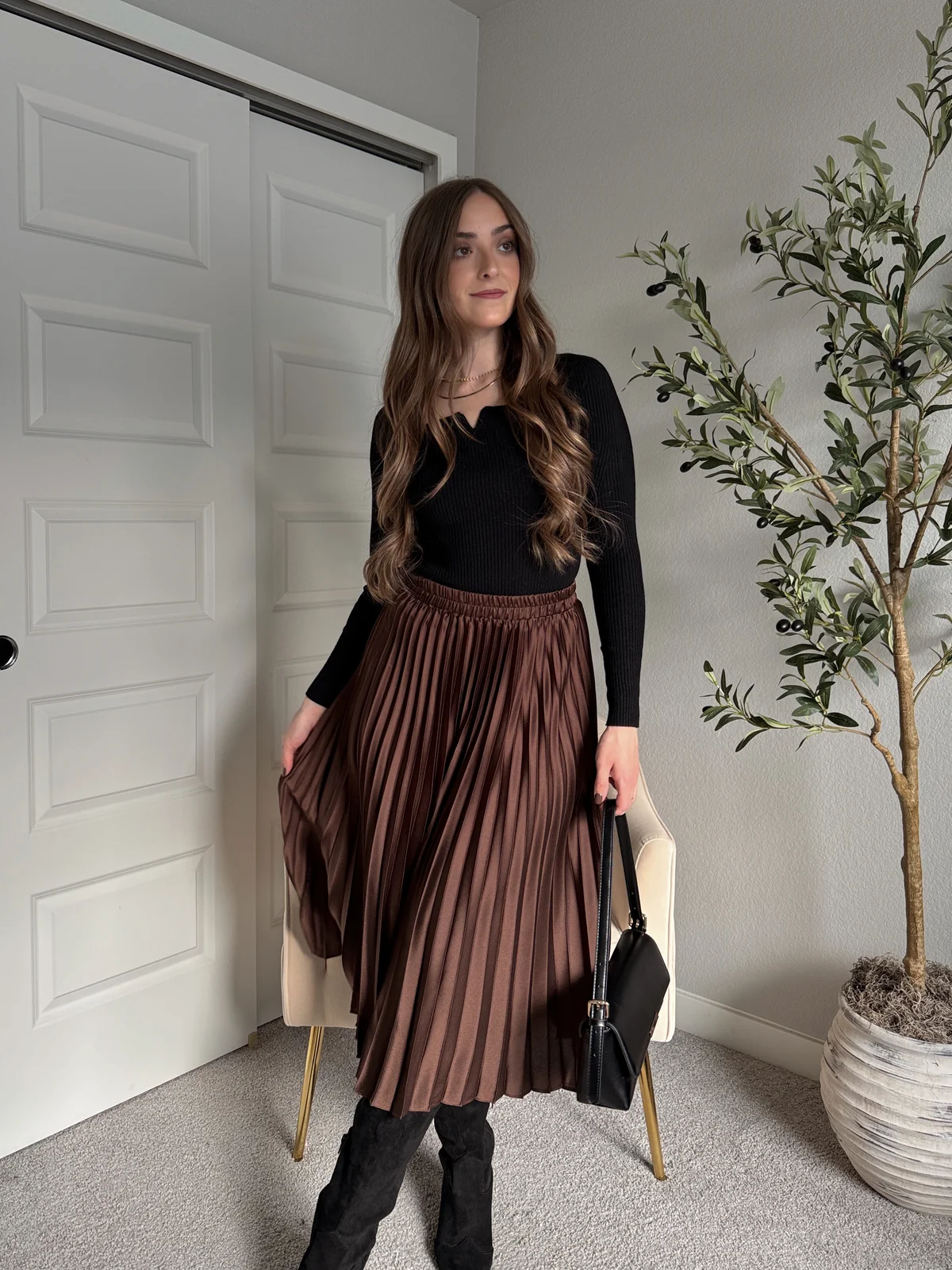 Pleated A-Line Satin Midi Skirt